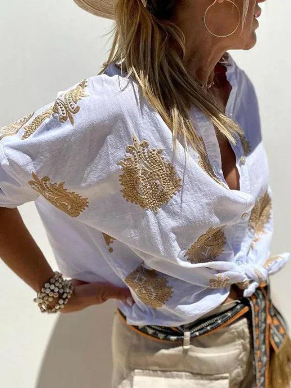 Greta™ | Embroidered Button-Up Top